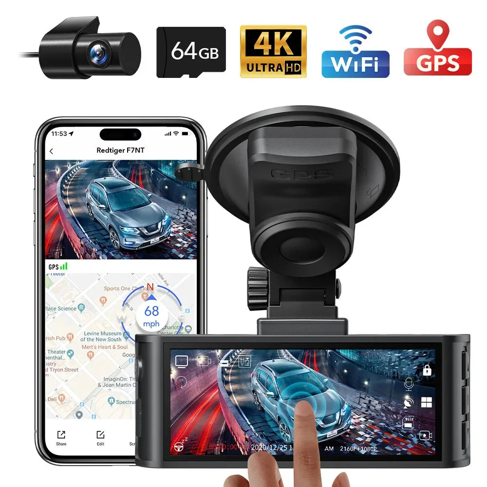 REDTIGER 4K Dash Camera Front and Rear WiFi Car Dvr Dual Car Camera  Easy To Install Car Camera Recorder Touched GPS