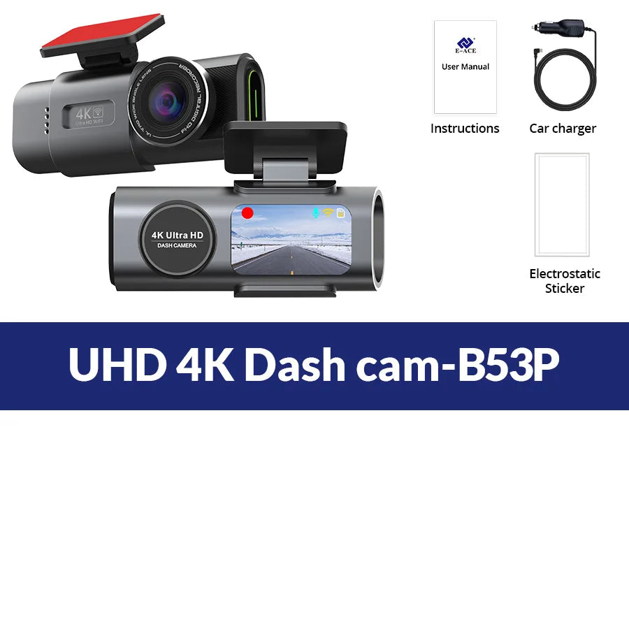 Dash Cam Car Camera Dual Lens 4K UHD Recording DVR Night Vision Video Recorder Built-In Wi-Fi Support GPS 24H Parking Car Camera