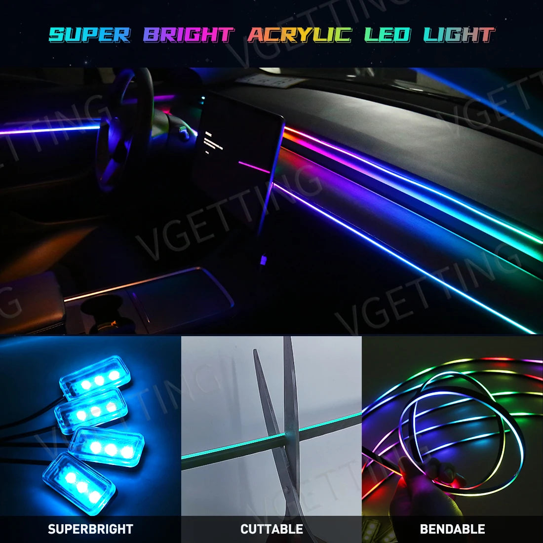 Vgetting For Tesla Model 3 Y S X Car Ambient Lights 10 in 1 Footwell Universal RGB Atmosphere Lamps USB APP Remote Cigar Lighter