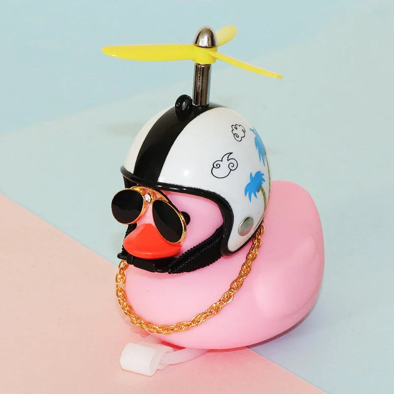 High Quality Pink Rubber Duck Bike Ornament with Sunglasses, gold Chain, propeller for Car Dashboard Bicycle Motorcycle Helmet