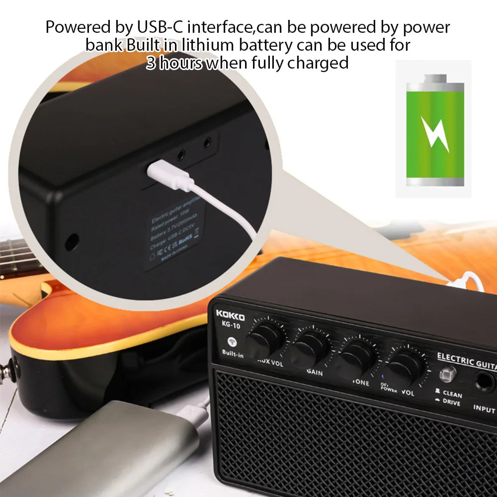 KOKKO 10W Small Electric Guitar Amp Mini Portable Guitar Practice Speaker Rechargeable Portable Practice Audio Guitar Amplifier