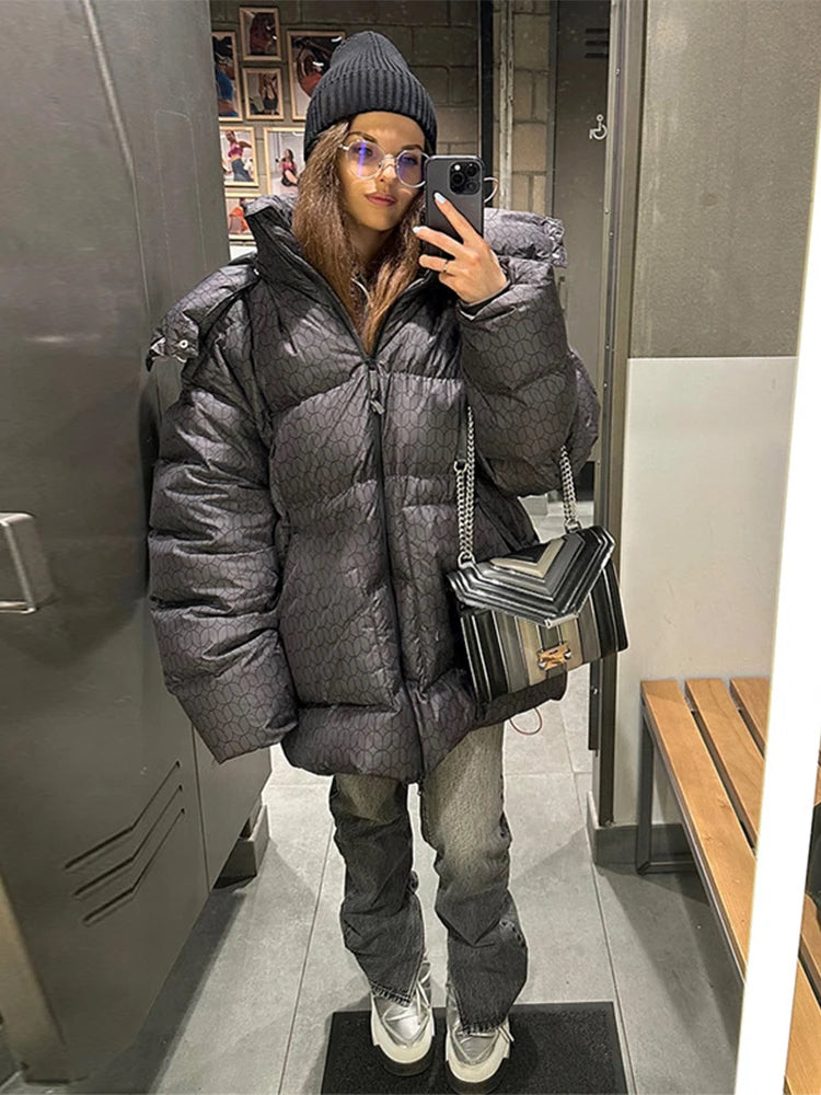 Print Puffy Women Winter Coats Casual Hooded Zipper Pocket Parkas Padded Jackets Vintage Lightweight Lady New In Outerwear