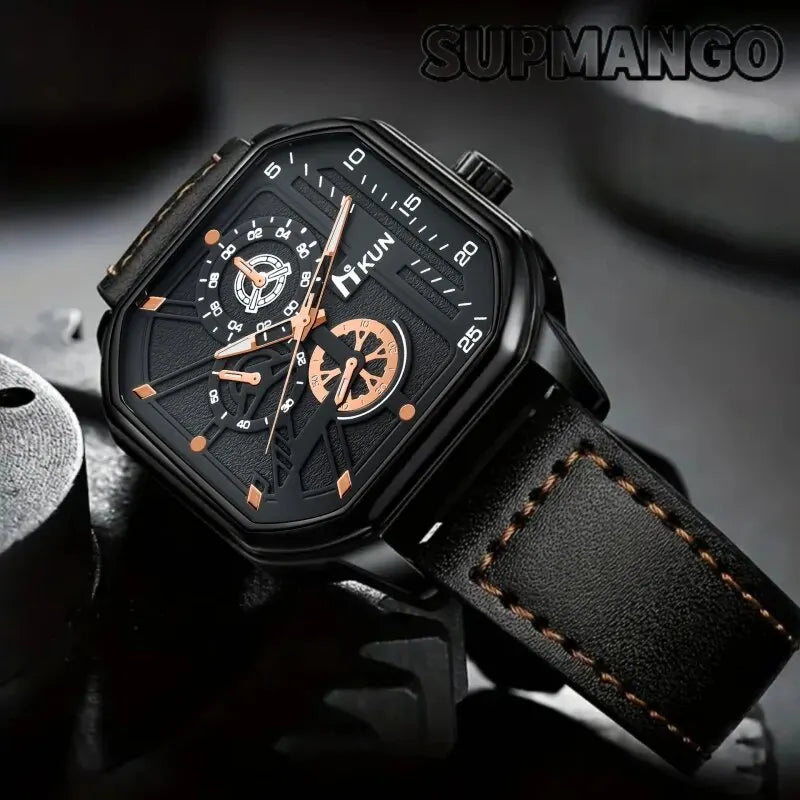 NEW Alloy Men Quartz Watches Leather Strap Big Dial Student Square Sports Watch Cool Black Men's Watch Waterproof Wristwatch