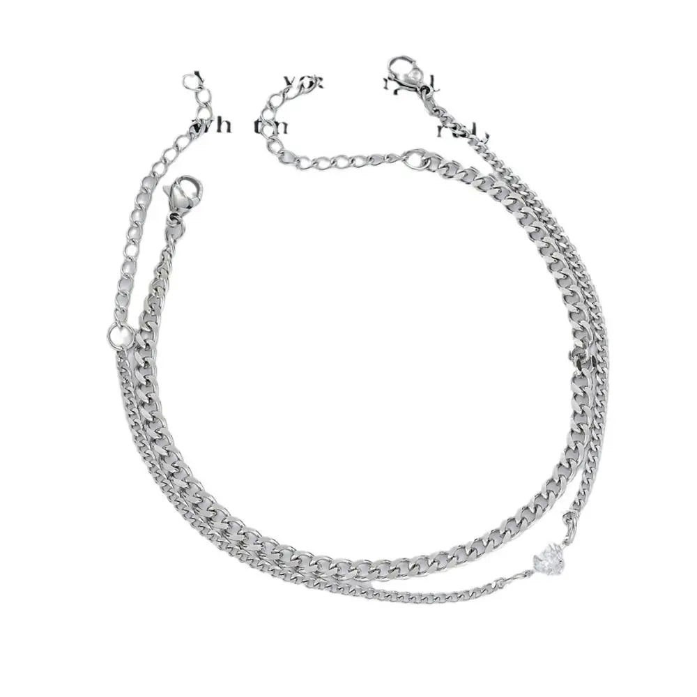 2PCS Simple Fashion Stainless Steel Bracelet Set for Couple Unisex Women Men Lover Crystal Heart Silvery Chain Bracelets Jewelry