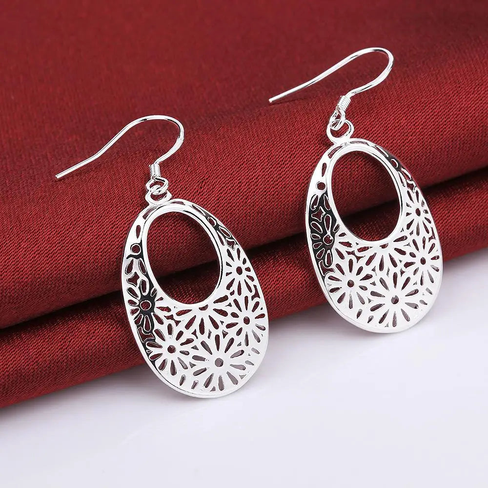 Grace 925 Sterling Silver Carved oval Earrings for Women Retro classic Jewelry fashion party wedding Holiday gifts