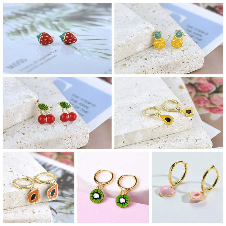 Colorful 925 Sterling Silver Ear Needle Crystal Zircon Mini Cute fruit Animal stud Earrings For Women delicate Fashion Jewelry