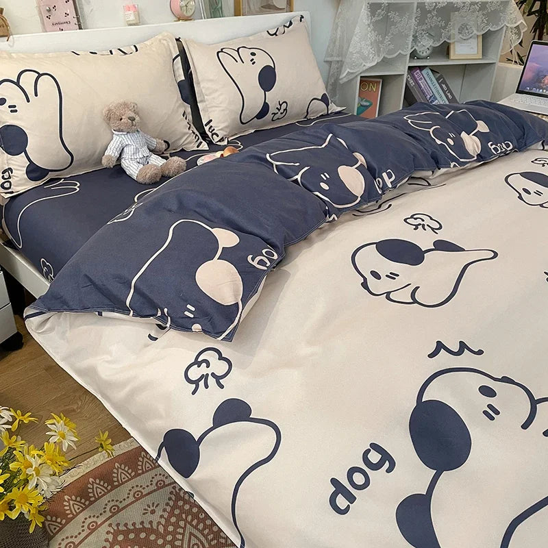 Kawaii Dog Printed Bed Set Floral Duvet Cover Pillowcase Bedding Set Cute Bed Sheet Quilt Cover Single Queen King Size 3/4 Piece