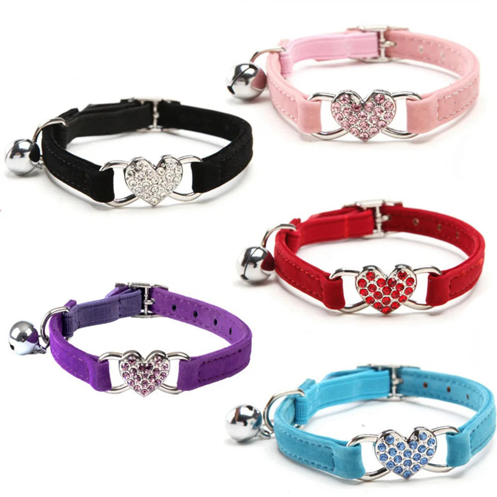 Cat Collar Heart Charm with Bell Safety Elastic Adjustable Soft Velvet Puppy Small Dog Pet Collar Kitty