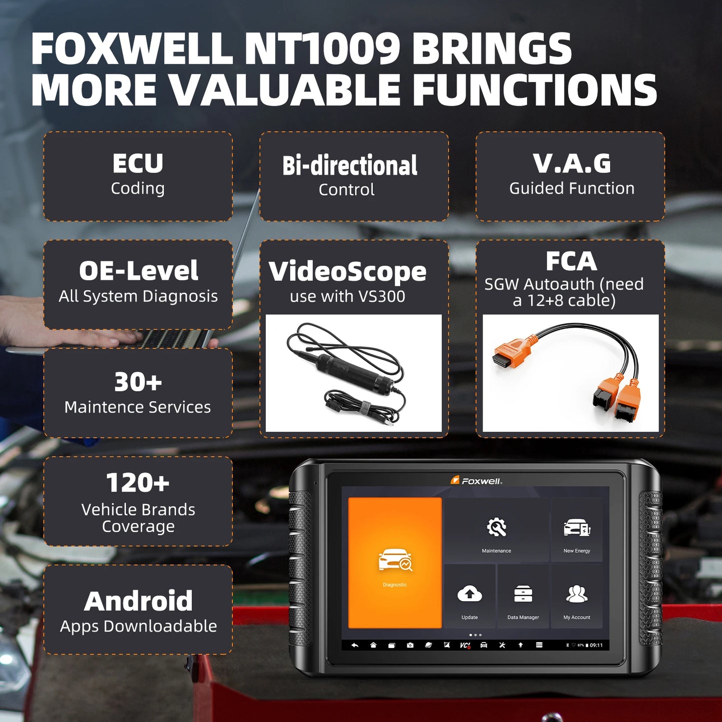 2025 FOXWELL Professional Car Scanner NT1009 Bidirectional Test Advanced ECU Coding 34+ Reset All System Diagnosis OBD2 Scanner
