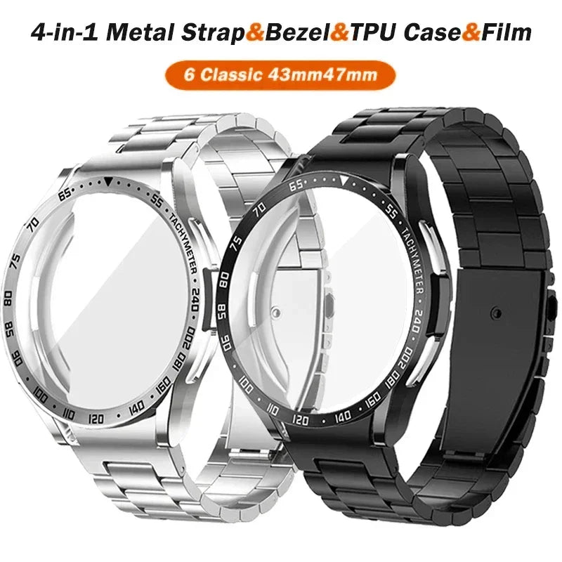 4-in-1 Modification Kit for Samsung Galaxy Watch 6 Classic 43mm 47mm Metal Stainless Steel Strap TPU Case Bezel Protective Film