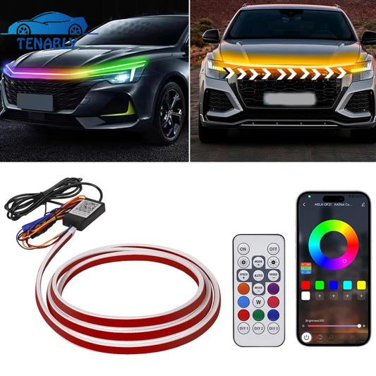 RGB Car LED Hood Lights Strip Dynamic Neon DRL Scan Start Sequential LED Daytime Running Lights with Turn Signal App Control
