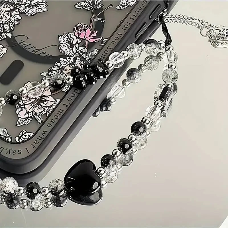 Black Strawberry Bear Love Phone Chain Charm Wrist Strap Keycord Cellphone Lanyard Girl Keychain Mobile Phone Case Hanging Chain