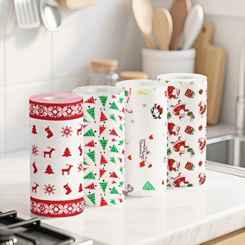 4Pcs Christmas Kitchen Paper Towels, Thick Three-Layer Roll Paper, Disposable Kitchen Cleaning Wet and Dry Dual-Use Household Thick Roll Paper, Disposable Kitchen Paper Towels, Washable Wet and Dry Dual-Use, Cleaning Supplies