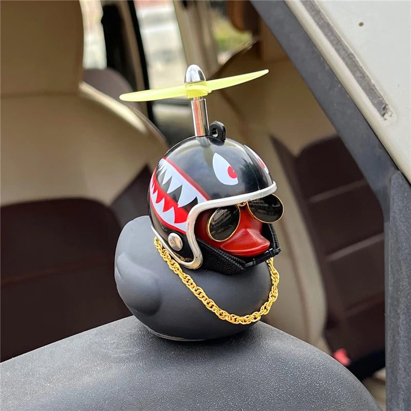 Duck Car Ornaments, Black Duck Car Dashboard Decorations Squeeze Duck Bicycle Horns with Propeller Helmet for Sport Outdoor