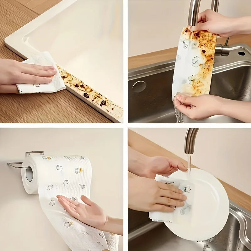 1roll 50pcs Disposable Kitchen Paper Towel, Random Pattern Reusable Washable Cloth for Dishwashing, Cleaning & Oil Absorption