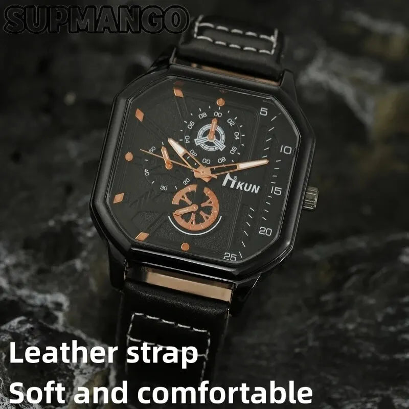 NEW Alloy Men Quartz Watches Leather Strap Big Dial Student Square Sports Watch Cool Black Men's Watch Waterproof Wristwatch