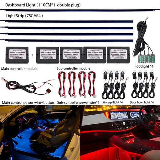 18 in 1 Ambient Light For Car Interior 64 Color Breathe Dashboard Door Decoration LED Strip Lights RGB Bluetooth App Control 12V