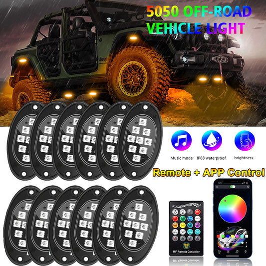 6/8/12pcs-in-1 9LED Car Trunk LED Rock Light 12V RGB Exterior Atmosphere Light Car Bottom Light Lamp Support Remote APP Control