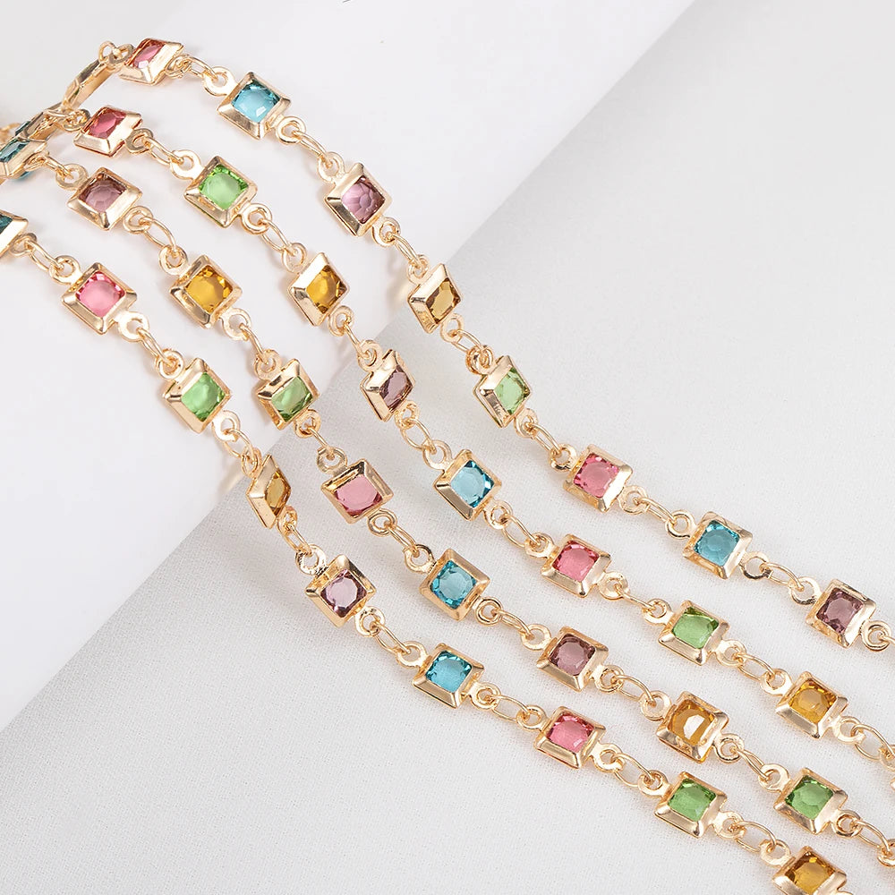 1meter 4mm Square Crystal Bead Copper Chains Dopamine Rhinestone Glass Bead Necklace Chain Supplies for DIY Jewelry Making