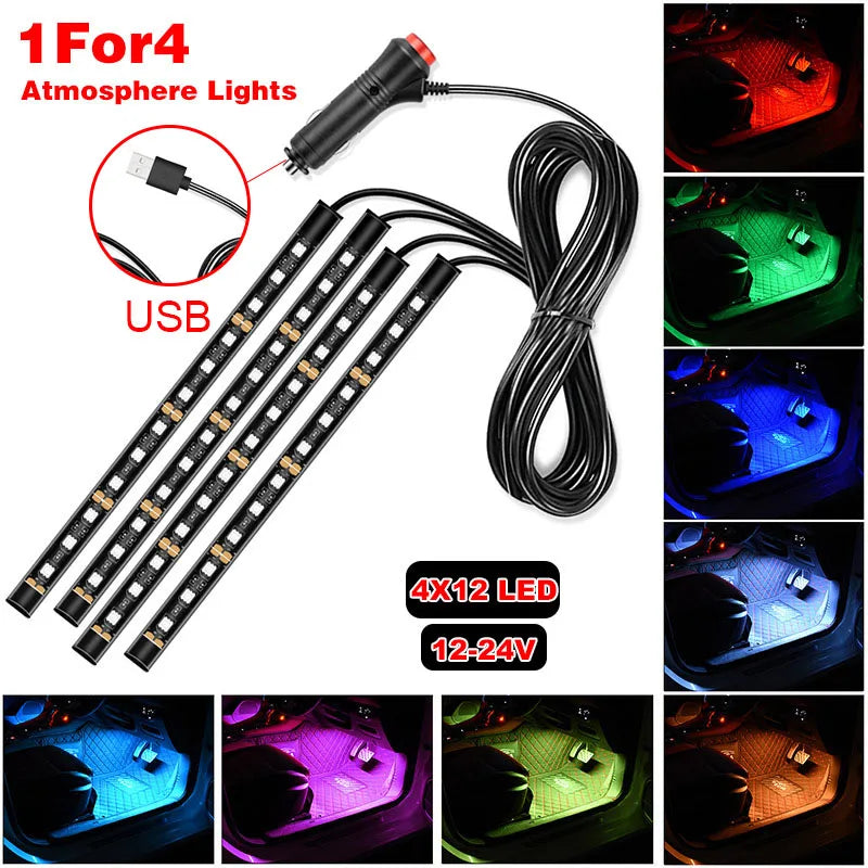 KEBIDUMEI Auto Decorative Lamp 48 LED 4 In 1 Car Interior Atmosphere Lights  5050 Foot Strip Lights Auto Accessories For 12-24V