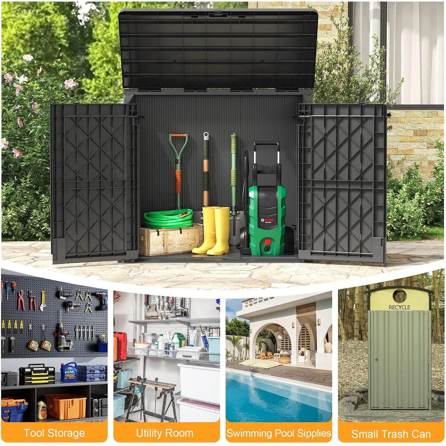 Outdoor Storage Cabinet 37 Cu Ft with Lockable Doors, Portable Horizontal Resin Storage Shed -Easy to Assemble,, Custom