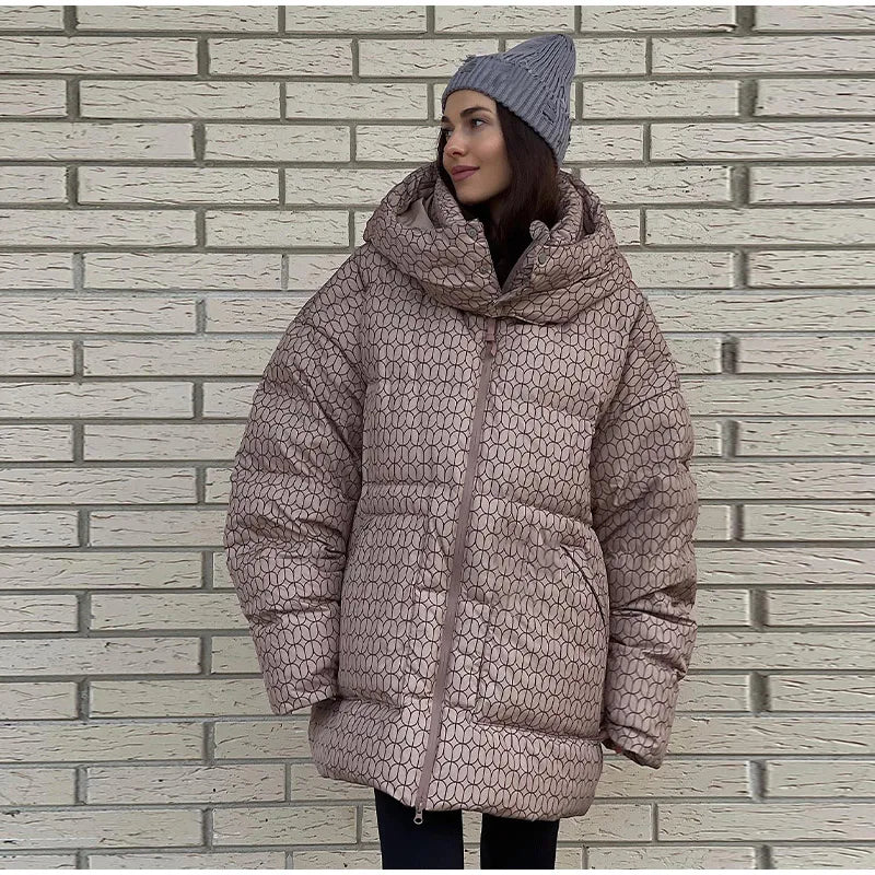 Print Puffy Women Winter Coats Casual Hooded Zipper Pocket Parkas Padded Jackets Vintage Lightweight Lady New In Outerwear