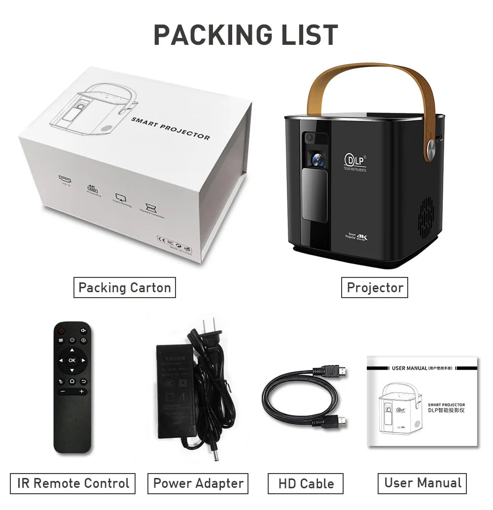 Mini Portable Projector Home Theater 4K 3D DLP Android Smart Ceiling Car Outdoor Wifi Bluetooth Mobile Battery Rechargeable LED