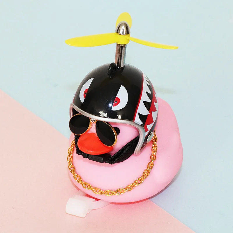 High Quality Pink Rubber Duck Bike Ornament with Sunglasses, gold Chain, propeller for Car Dashboard Bicycle Motorcycle Helmet