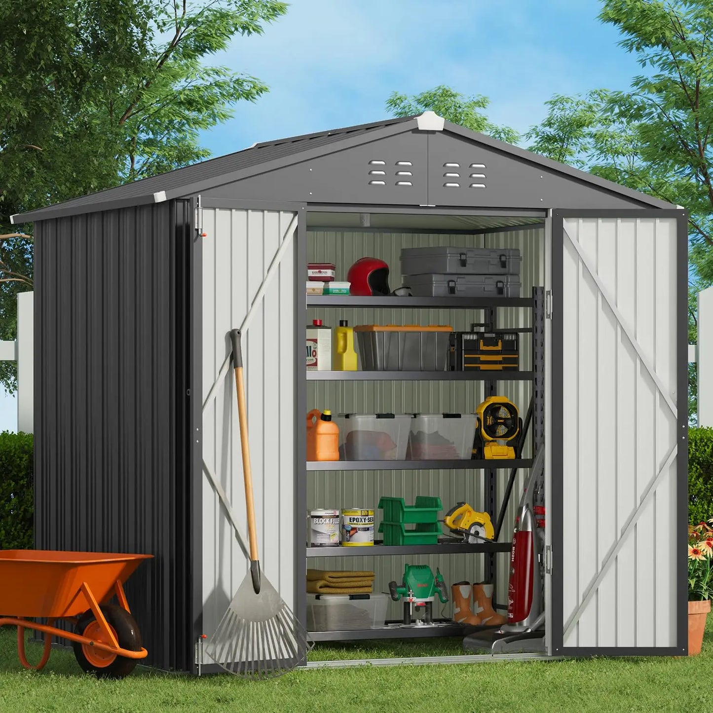 Outdoor Storage Shed 8 x 6 FT, Galvanized Metal Garden Shed with Double Lockable Doors, Outdoor Storage Clearance, Customized
