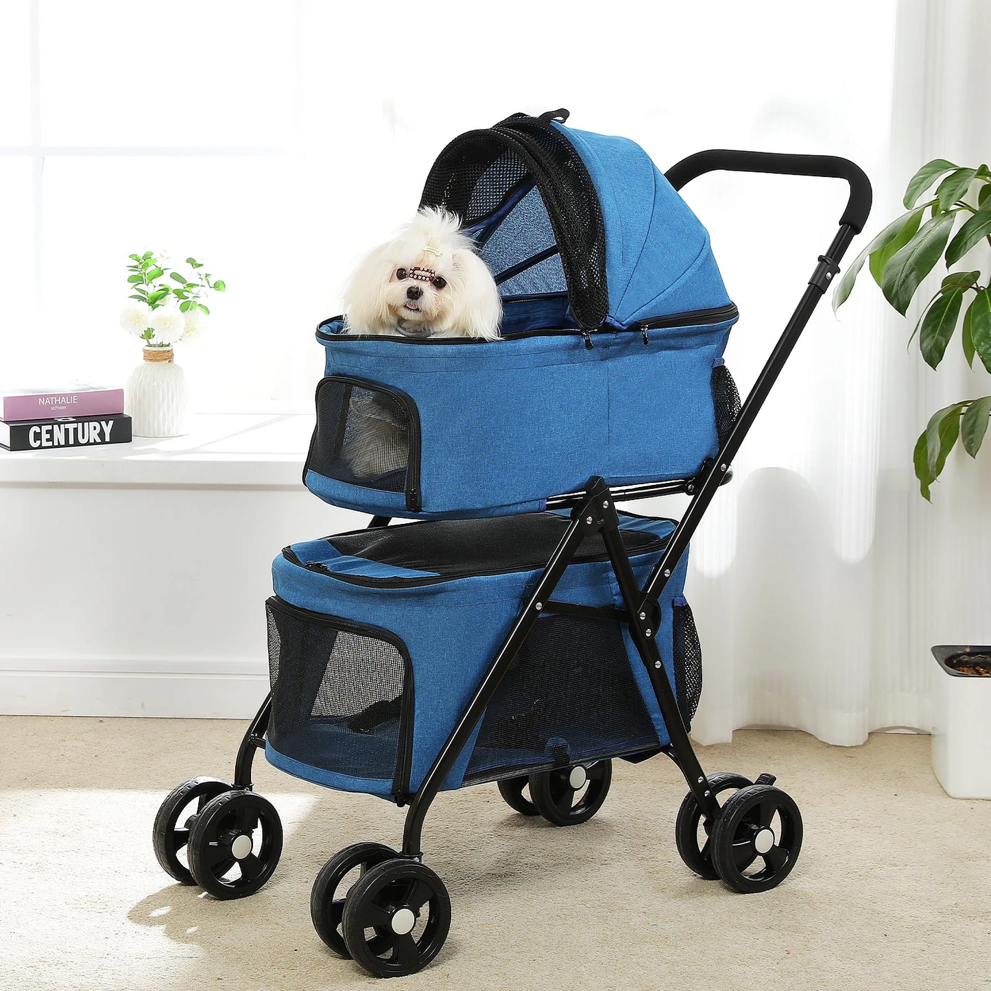 Foldable Pet Stroller 4-Wheel Dog Travel Stroller Pushchair Jogger with Storage Basket for Puppy Cat Pet Suplies Outdoor