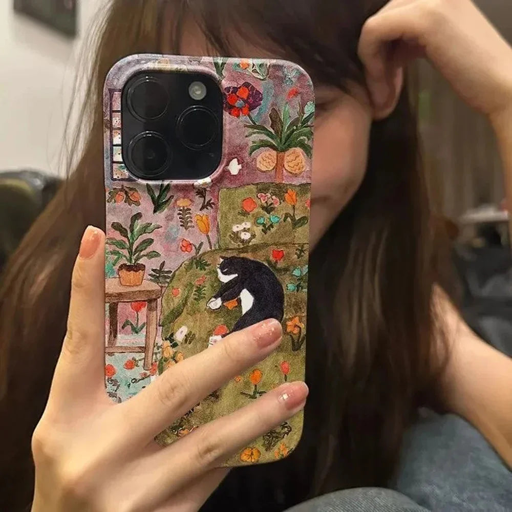 Ins style oil painting flowers cat Phone Case for iPhone 16 15 14 13 12 11 Pro Max XS XR XSMax 7 8 Plus Glossy HD Hard PC Cover