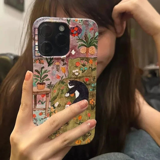 Ins style oil painting flowers cat Phone Case for iPhone 16 15 14 13 12 11 Pro Max XS XR XSMax 7 8 Plus Glossy HD Hard PC Cover