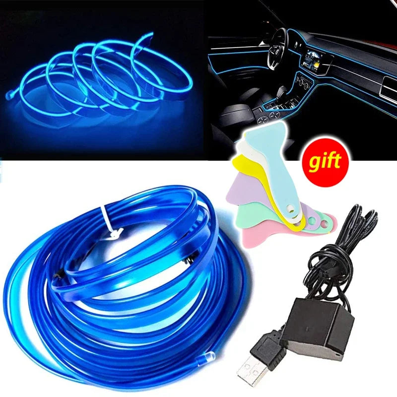 New 5M Car Interior Led Strip Light Neon EL Wiring Decorative Lamp For Auto DIY Flexible Ambient Light USB Party Atmosphere Diod