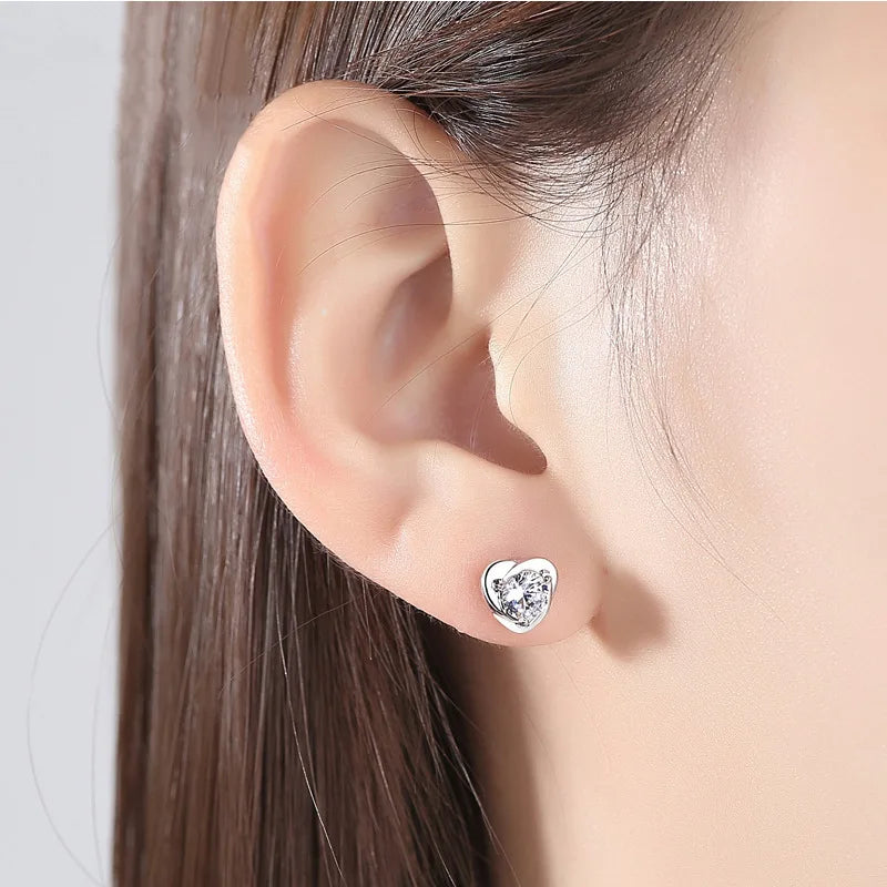 Genuine 925 Sterling Silver Fshion Jewelry Crystal Heart Stud Earrings For Women New XY0208