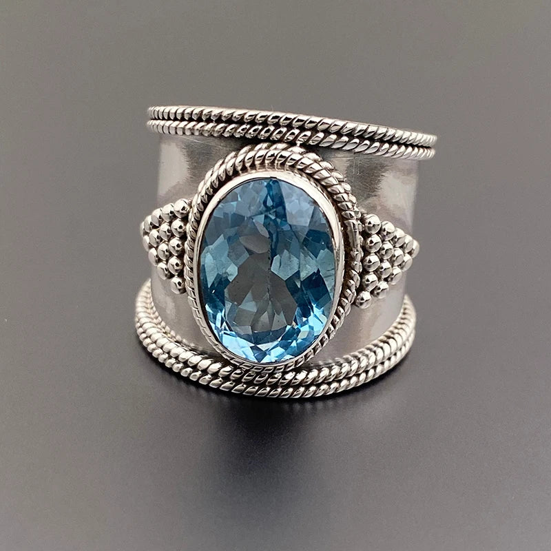 Huitan Gorgeous Silver Color Wide Ring Female Luxury Party Accessories Bright Blue Cubic Zirconia Finger Jewelry for Anniversary