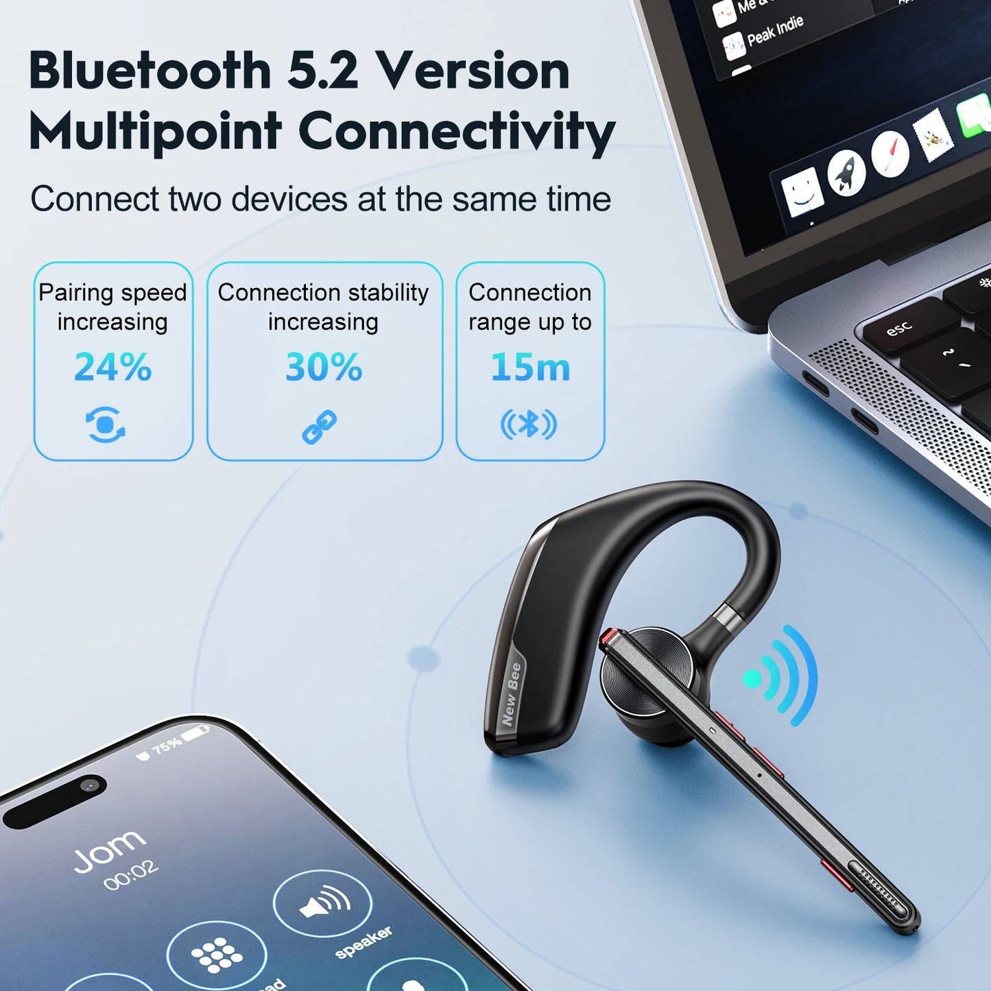 New Bee M51 Wireless Bluetooth 5.2 Headset with 500mAh Battery Dual-Mic CVC8.0 Noise Cancelling Business Driving Earbuds Mute