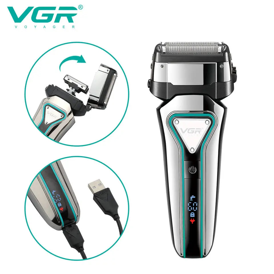 VGR 3D Men's Washable Wet Dry Electric Shaver Rechargeable Face Electric Razor bald Washable Beard Shaving Machine LCD Display