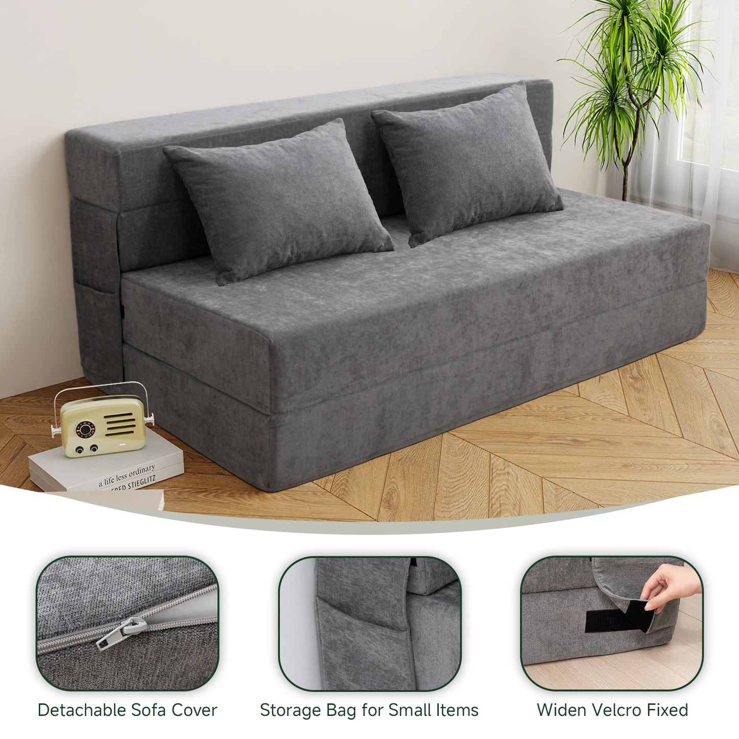 Orhopui Folding Sofa Bed-Convertible Sleeper Chair With Pillow, Fold Out Couch, ,Living Room/Dorm/Guest Room/Home Office, Gray