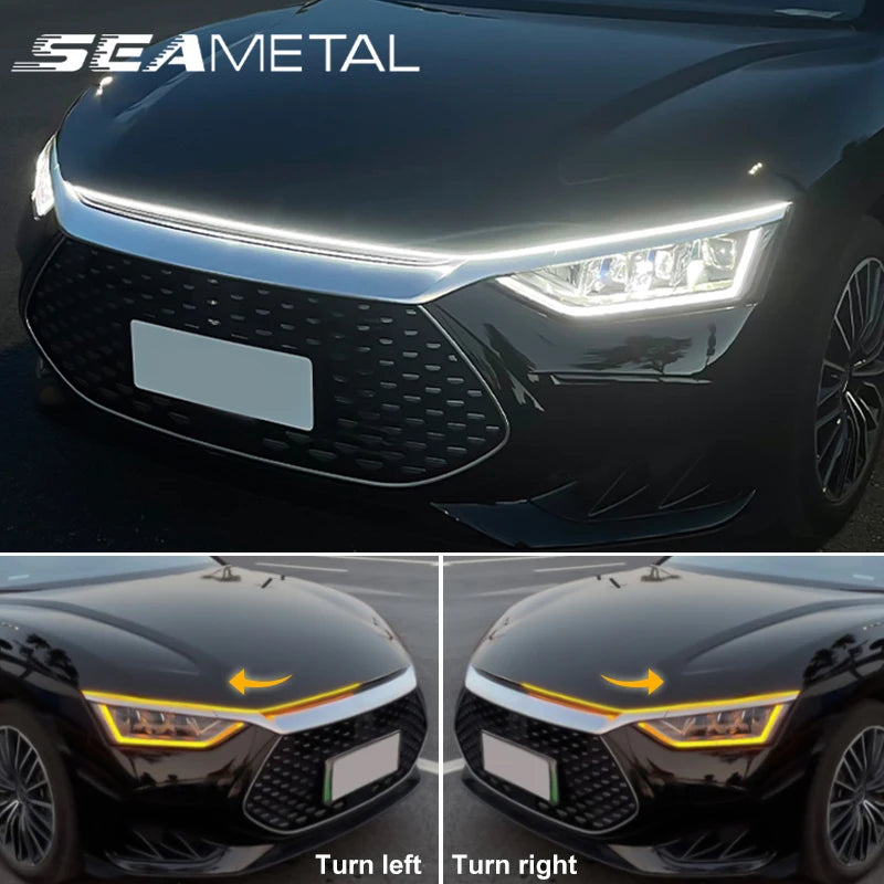 SEAMETAL Dynamic Car Hood Daytime Running Light Strip White to Yellow Led Turn Signal Lamp 12V Flexible Scanning Flow Light DRL