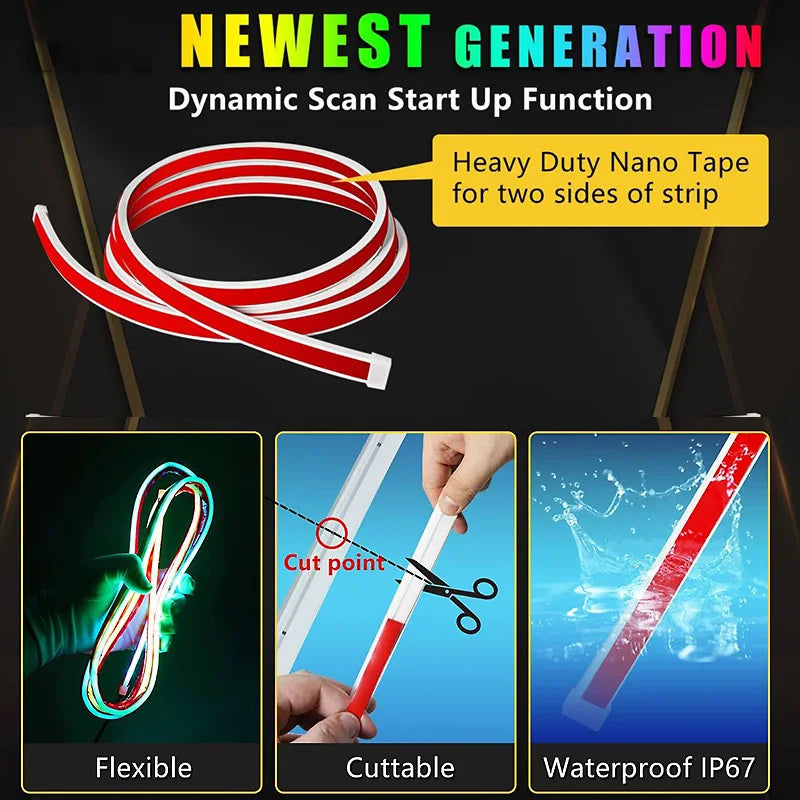 RGB Car LED Hood Lights Strip Dynamic Neon DRL Scan Start Sequential LED Daytime Running Lights with Turn Signal App Control