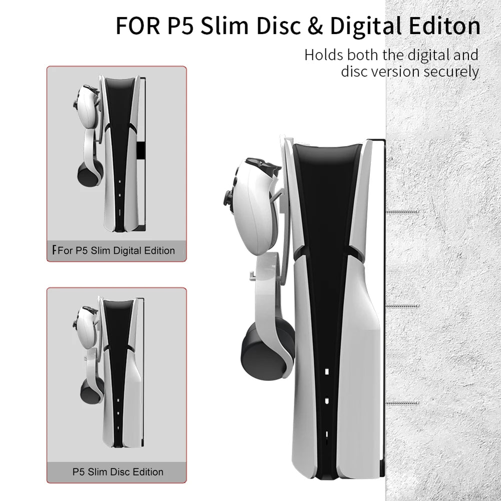 For PS5 Slim Holder Wall Mounted Console Stand with 2 Controller Headset Hook Wall Mount Storage Bracket for PlayStation 5 Slim