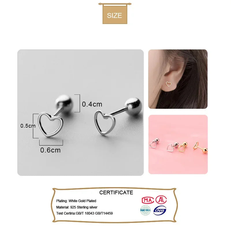 TrustDavis Real 925 Sterling Silver Romantic Heart Bead Screw Stud Earrings For Women Wedding Minimalist Fine Jewelry DS1155