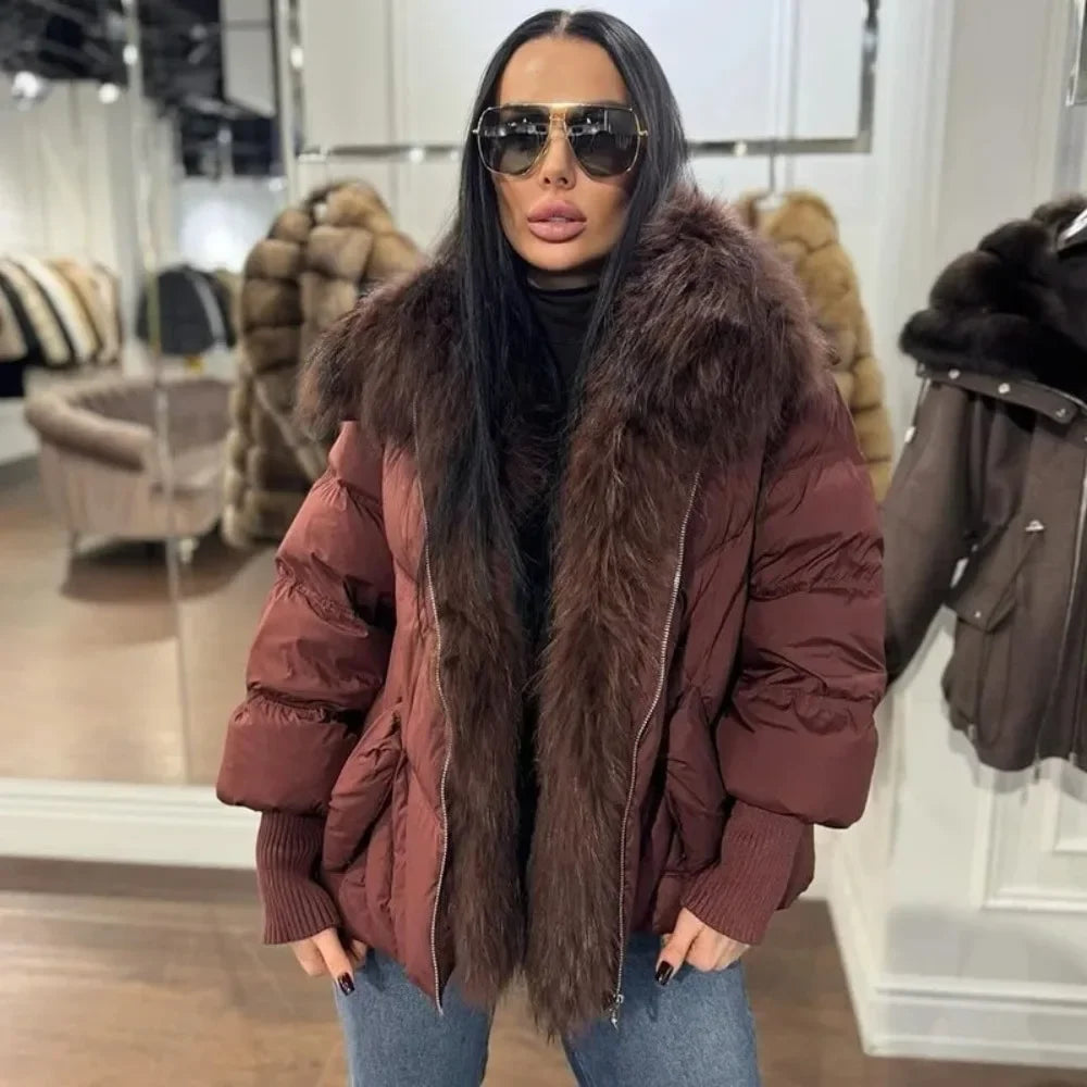 Puffer Coat Women Knit Sleeve Real Fur Coat New Winter Large Real Raccoon Fur White Duck Down Jacket Oversized Feather Parka