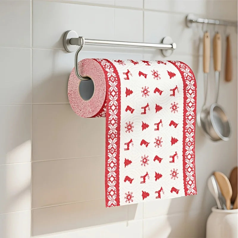 4Pcs Christmas Kitchen Paper Towels, Thick Three-Layer Roll Paper, Disposable Kitchen Cleaning Wet and Dry Dual-Use Household Thick Roll Paper, Disposable Kitchen Paper Towels, Washable Wet and Dry Dual-Use, Cleaning Supplies