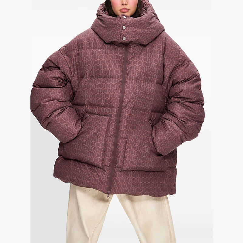 Print Puffy Women Winter Coats Casual Hooded Zipper Pocket Parkas Padded Jackets Vintage Lightweight Lady New In Outerwear