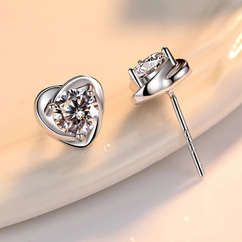 Genuine 925 Sterling Silver Fshion Jewelry Crystal Heart Stud Earrings For Women New XY0208