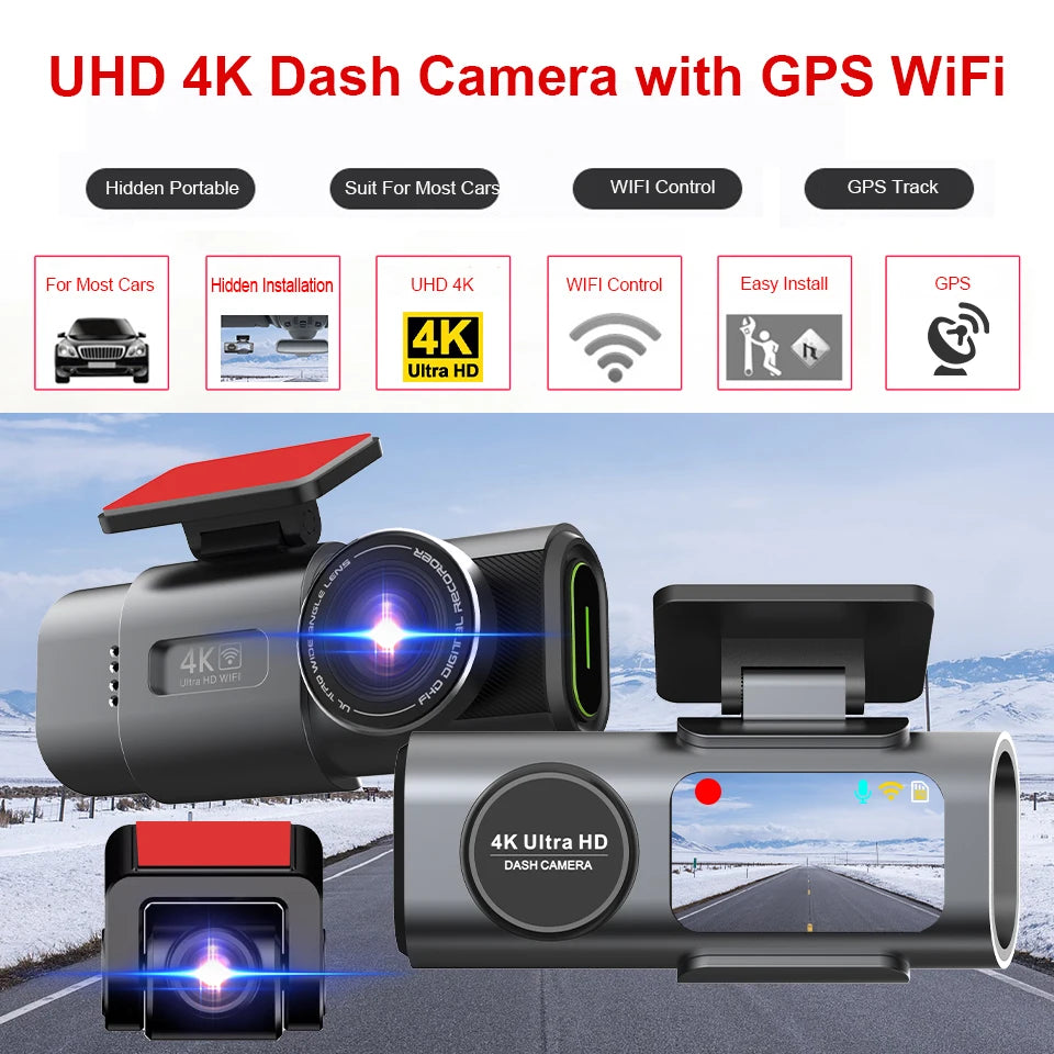 Dash Cam Car Camera Dual Lens 4K UHD Recording DVR Night Vision Video Recorder Built-In Wi-Fi Support GPS 24H Parking Car Camera