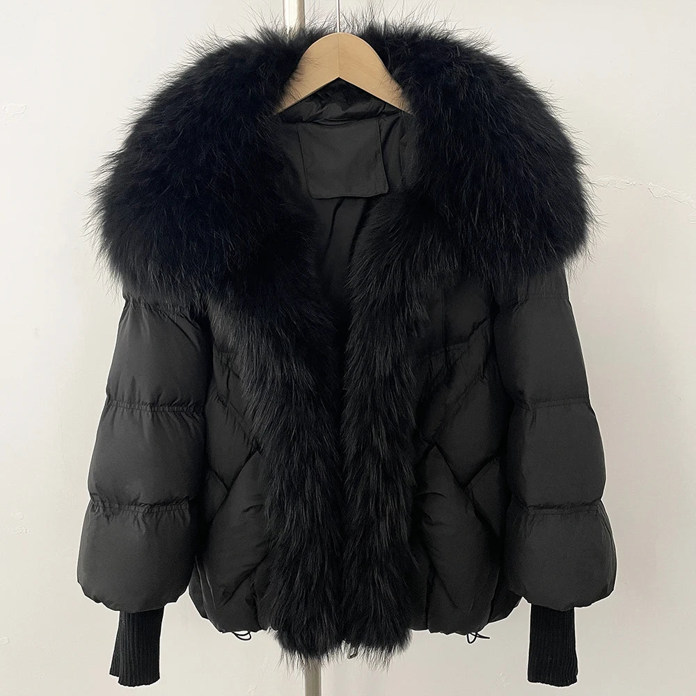 Puffer Coat Women Knit Sleeve Real Fur Coat New Winter Large Real Raccoon Fur White Duck Down Jacket Oversized Feather Parka