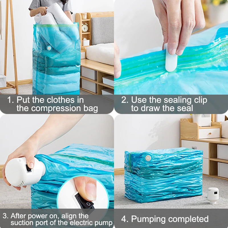 Vacuum Storage Bags with Powerful Pump, Vacuum Bags for Storing Clothes Compression Space Saver for Clothes Comforters Blankets