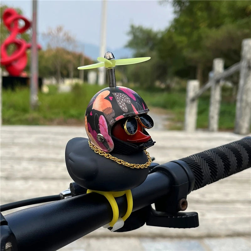 Duck Car Ornaments, Black Duck Car Dashboard Decorations Squeeze Duck Bicycle Horns with Propeller Helmet for Sport Outdoor